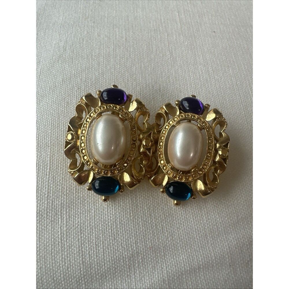 Vintage Trifari TM Clip Earrings Gold Tone Faux Pearl Cabochon Purple Blue